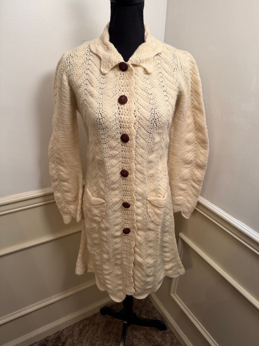 VTG Context Lambswool Blend Cream Open Knit Long Cardigan Jacket With Pockets